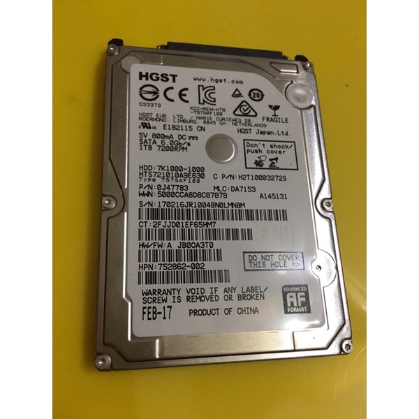 二手HGST 2.5吋筆電硬碟1TB 無壞軌，SATA7200轉