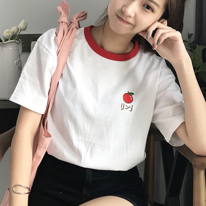 AHUA阿華有事嗎  韓國女裝 可愛刺繡水果撞色短袖T恤 C0201 韓妞必備 寬鬆顯瘦 百搭基本款 情侶裝