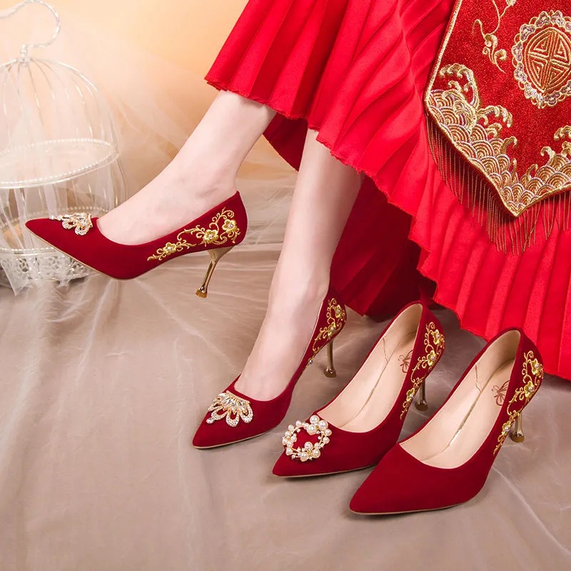 台灣出貨 紅色高跟鞋 尖頭細跟鞋 女鞋 婚紗兩穿 婚鞋 結婚新娘鞋 中式婚禮敬酒紅色高跟孕婦舒適