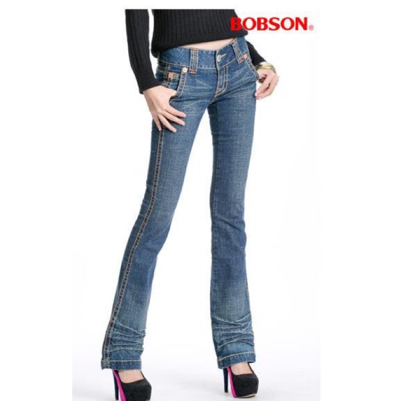 BOBSON 牛仔褲 S窄管 喇叭褲 中藍色 低腰 粗縫線 修飾臀型 專櫃正品