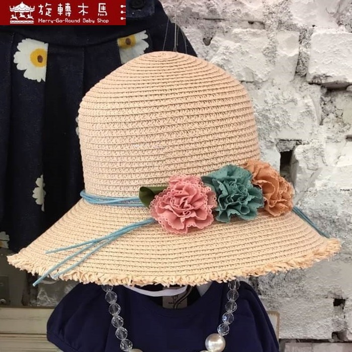 旋轉木馬"特價" 【167284】韓國進口 甜美三朵花草帽 遮陽帽 F號 (米色)