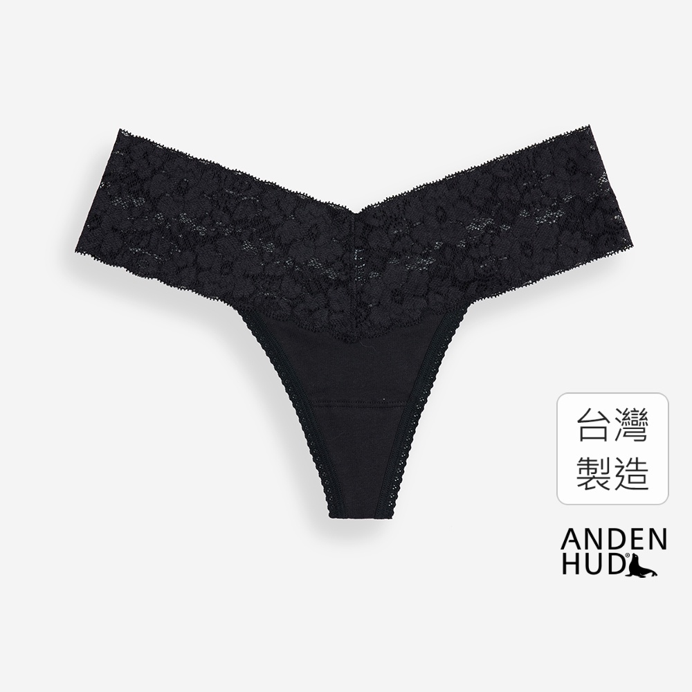 【Anden Hud】簡約系列．V蕾絲丁字褲(黑色) 純棉台灣製