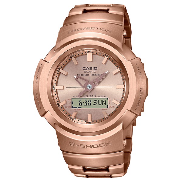 CASIO G-SHOCK 電波太陽能全金屬玫瑰金雙顯腕錶AWM-500GD-4A