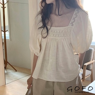 GOFO 短袖上衣 韓系顯瘦 甜美拼接蕾絲 寬鬆微透性感勾花蕾絲 泡泡袖 方領夏季 棉麻上衣 女生衣著 女裝上衣 夏天
