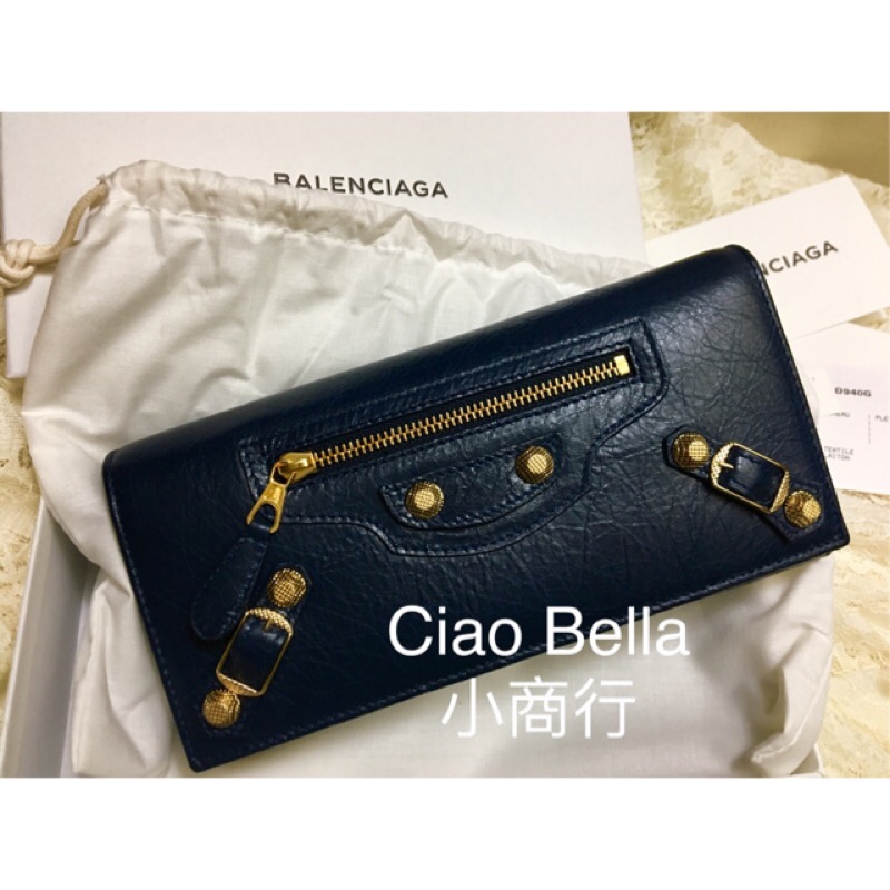 Balenciaga 長夾二手真品扣式giant 真品大金釦深藍巴黎世家羊皮藍深色金釦 蝦皮購物