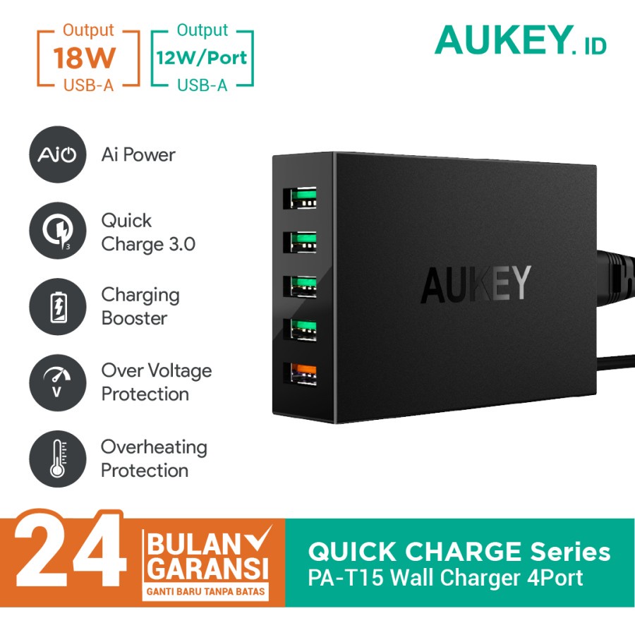 Aukey PA-T15 5 端口 54W QC 3.0 AiQ 充電器 500077
