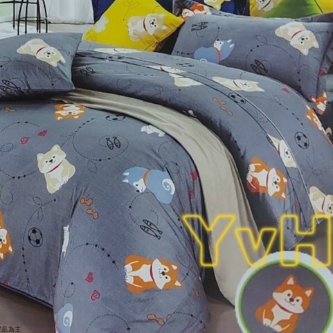 =YvH= 柴犬 柯基犬 狗 貓 灰色 鋪棉床罩 兩用被 床包 枕套 單人 雙人 台灣製造印染 100%純棉表布