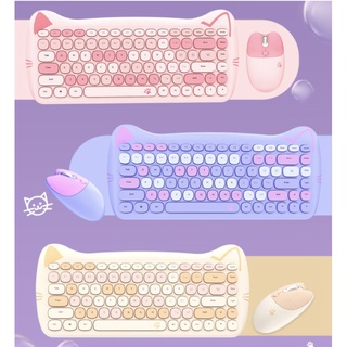 貓咪鍵盤滑鼠組 無線鍵盤 無線滑鼠 貓咪無線靜音滑鼠 奶茶色、元氣粉、夢幻藍、伶俐紫 舒壓肉球滑鼠墊