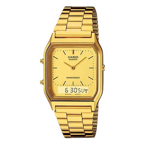【CASIO 卡西歐】AQ-230GA-9D 復古方形 雙顯 鋼錶帶女錶 金 台南 時代鐘錶