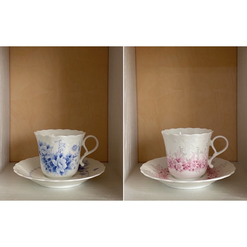 【現貨】日本 鳴海 NARUMI 絲路 粉紅花 藍花 骨瓷咖啡杯（1杯1盤）