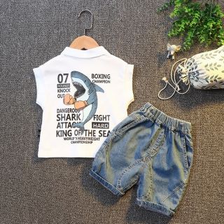韓版韓系鯊魚潮服套裝 夏季兒童套裝 男童韓版翻領無袖鯊魚印花T卹+牛仔短褲兩件套