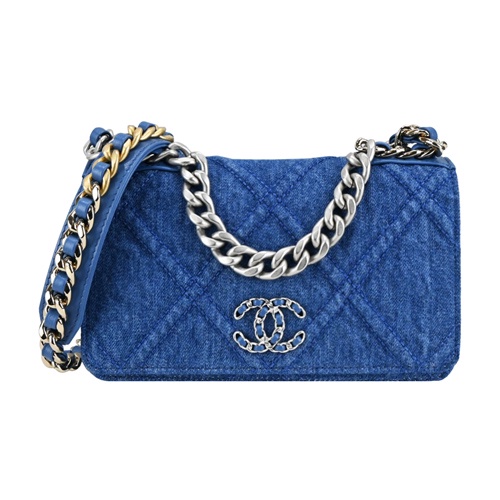 【全新真品】CHANEL 19 經典 LOGO菱格粒紋丹寧帆布WOC手拿/斜背包(牛仔藍)｜JS Maxx官方旗艦館