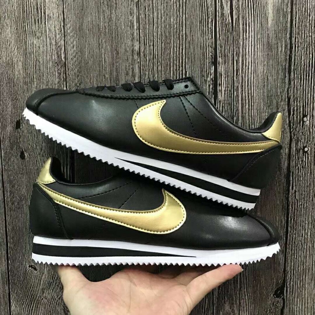 Nike Cortez 皮皮質皮革阿甘阿甘鞋黑色黑底金勾金屁股金標情侶款運動鞋男女跑步鞋休閒鞋 蝦皮購物