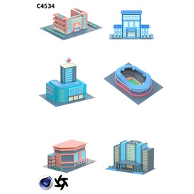 電子素材---C4D卡通3D公共建築模型學校醫院辦公大樓體育館OC渲染建模obj模型