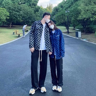 【COUPLE】💙❤棋盤格子情侶牛仔外套男ins港風夾克上衣寬鬆