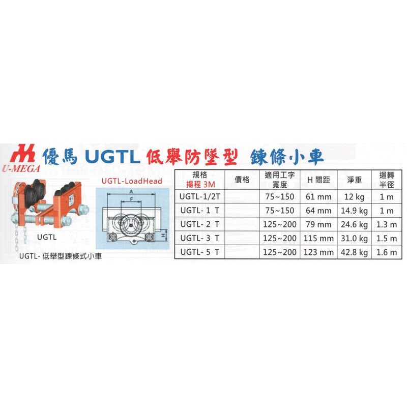 U-MEGA優馬牌 UGTL 低舉防墜型 鏈條式小車 鏈條式工字滑車 鍊條式小車 鍊條式工字滑車 UGTL-1T/2T