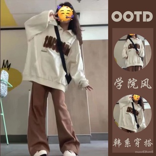 觀霧單/套裝鹽係鞦套裝女寬鬆矮個子百搭韓版Polo領衛衣+咖啡色直筒褲上衣運動polo衫#翻領T恤女寬鬆印花襯衫 設計感