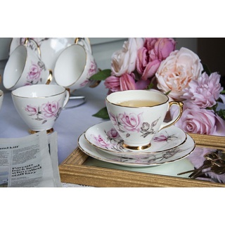 【Sunshine Antiques】Delphine 粉玫瑰 英國骨瓷下午茶杯組茶杯咖啡杯糖碗牛奶壺蛋糕盤 E.09