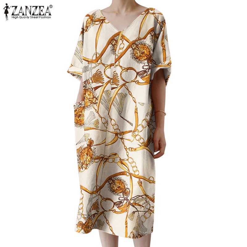 ZANZEA 女士復古休閒 V 領短袖鏈條印花寬鬆中長連衣裙