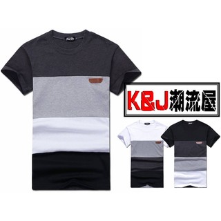 ★K&J★皮標配色拼接設計短袖T恤 3色 【35107】
