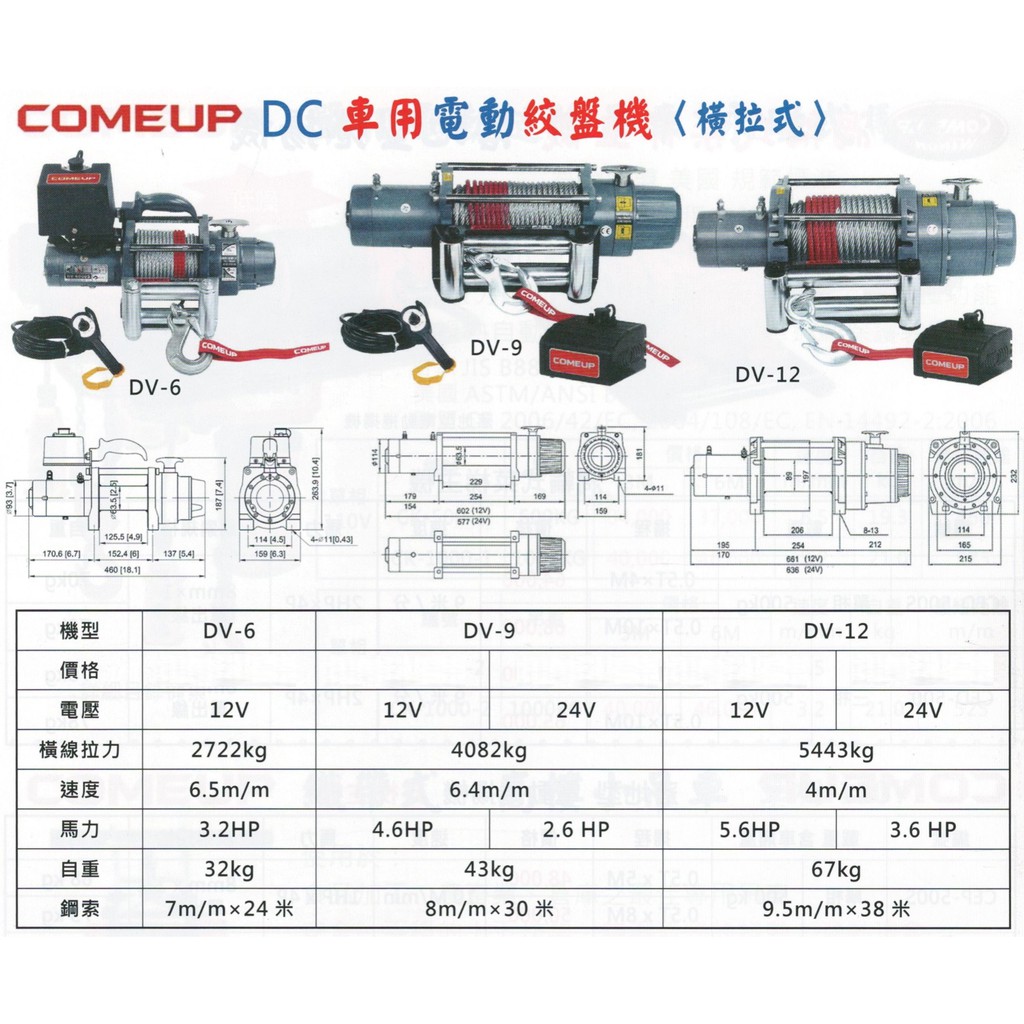 COMEUP川方 DC 車用電動絞盤機(橫拉式) DV-6/9/12 車用拖車//鋼索式/雪鍊/電動絞盤機/絞盤/捲揚機