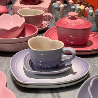 酷彩Le Creuset北歐日式家用炻瓷心形咖啡茶杯愛心水杯套裝陶瓷漸變粉色茶杯漸變色愛心杯碟禮物