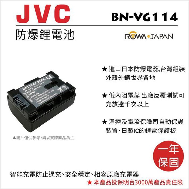 御彩@樂華 FOR Jvc BN-VG114 相機電池 鋰電池 防爆 原廠充電器可充 保固一年