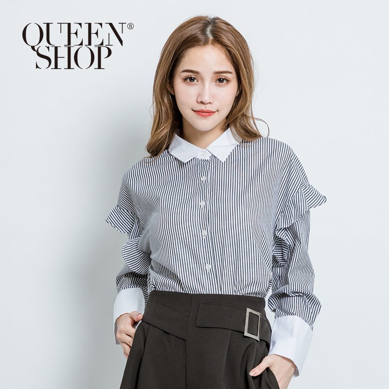 QUEENSHOP 【01022685】荷葉拼接條紋襯衫 兩色售＊預購＊