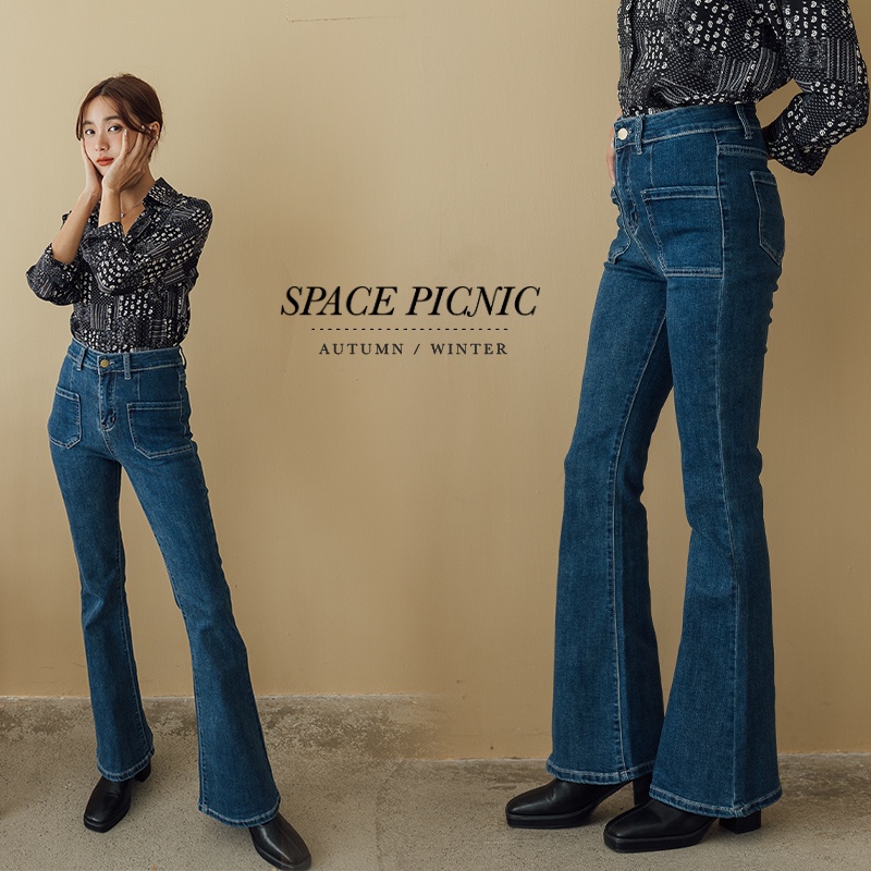 [明天出貨] Space Picnic｜雙口袋彈性牛仔喇叭褲-2色(現貨)【C22091017】