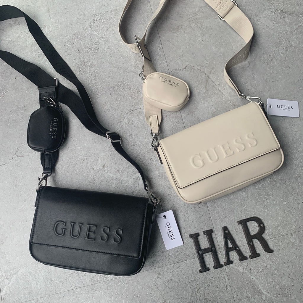 [海鹿馬] GUESS 斜背包 方包 三合一 有零錢掛包 翻蓋壓印LOGO款 串標織帶 背帶可調整 可放長夾