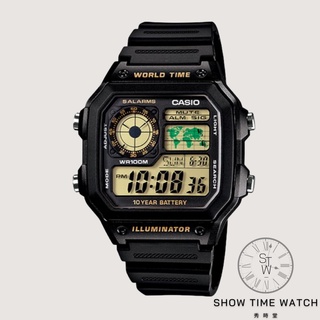 CASIO 卡西歐 經典 世界地圖 工裝 腕錶 橡膠錶帶 復古黃面 黑色 AE-1200WH-1B [ 秀時堂 ]