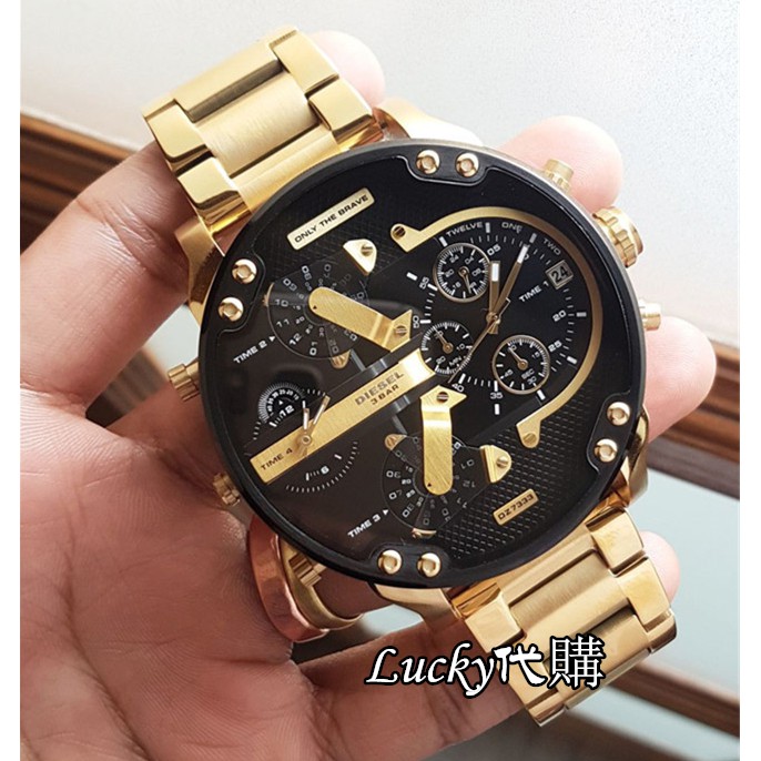 Lucky代購 超大錶盤男士手錶 大錶盤黑金鋼鏈石英錶 大直徑時尚潮流男錶DZ7333 精品錶超酷 歐美男款腕錶