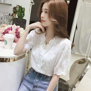 白色短袖蕾絲襯衫 012234 韓版時尚簡約氣質減齡短版上衣