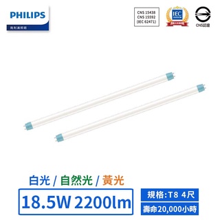 【飛利浦PHILIPS】LED T8/4尺/18.5W/雙端入電玻璃燈管 (黃光/自然光/白光)【實體門市保固二年】