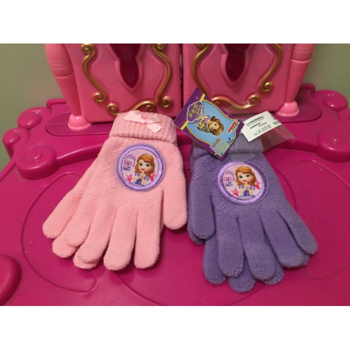 台灣出貨 現貨 迪士尼公主 蘇菲亞 女童 蝴蝶結 加薄絨 雪地 正版 生日禮物 連指 包指 保暖 五指 針織 兒童 手套