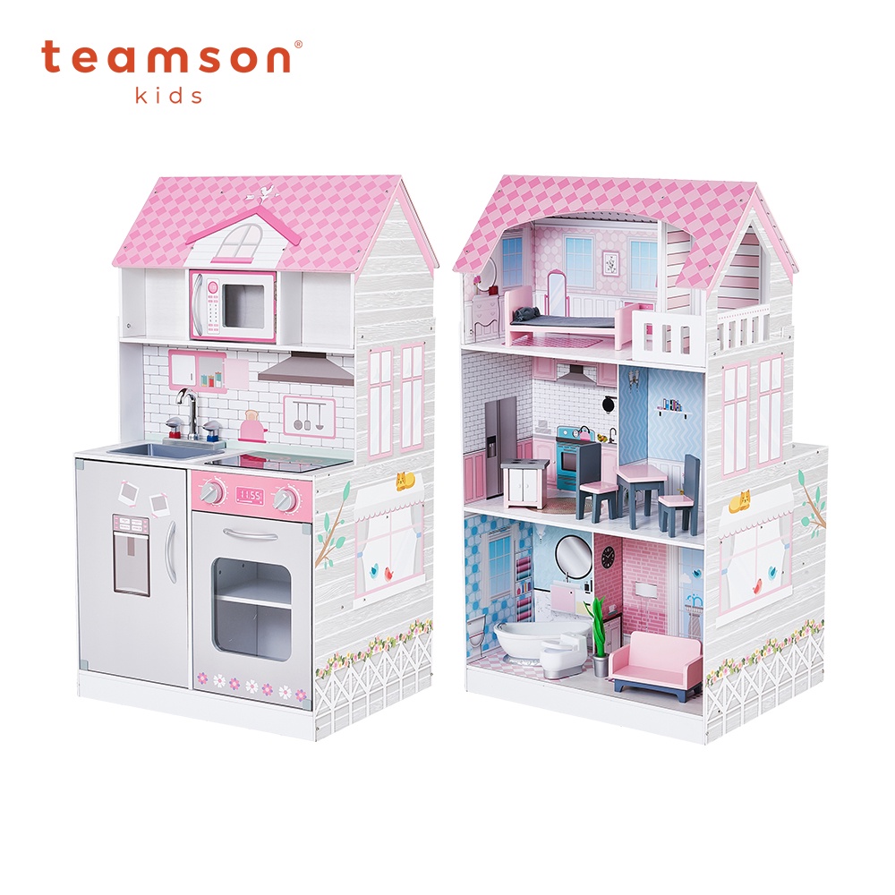 Teamson 艾芮兒奇境2合1木製娃娃屋廚房組(粉灰)