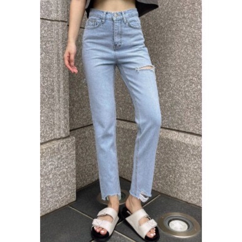 fashion for yes 正韓高腰割破九分直筒牛仔褲mom jeans