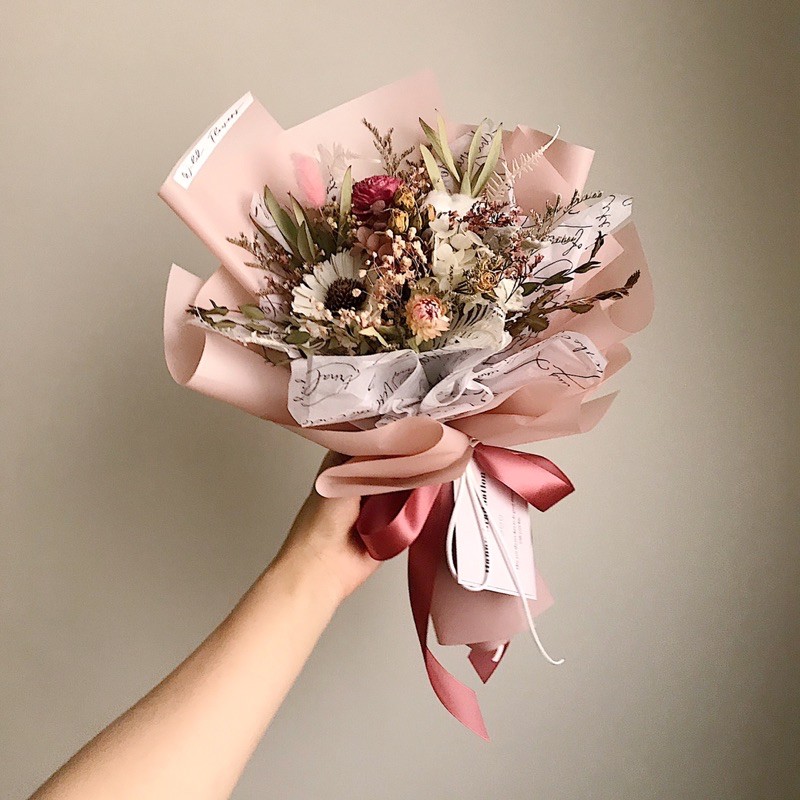 粉白色系乾燥花束 畢業花束 生日禮物 告白花束 韓系花束 附提袋 蝦皮購物