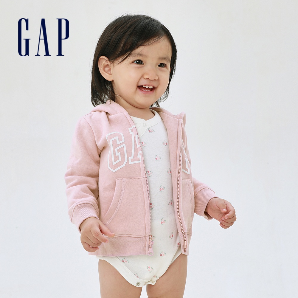 Gap 嬰兒裝 Logo刷毛連帽外套 碳素軟磨系列-淡粉色(455847)