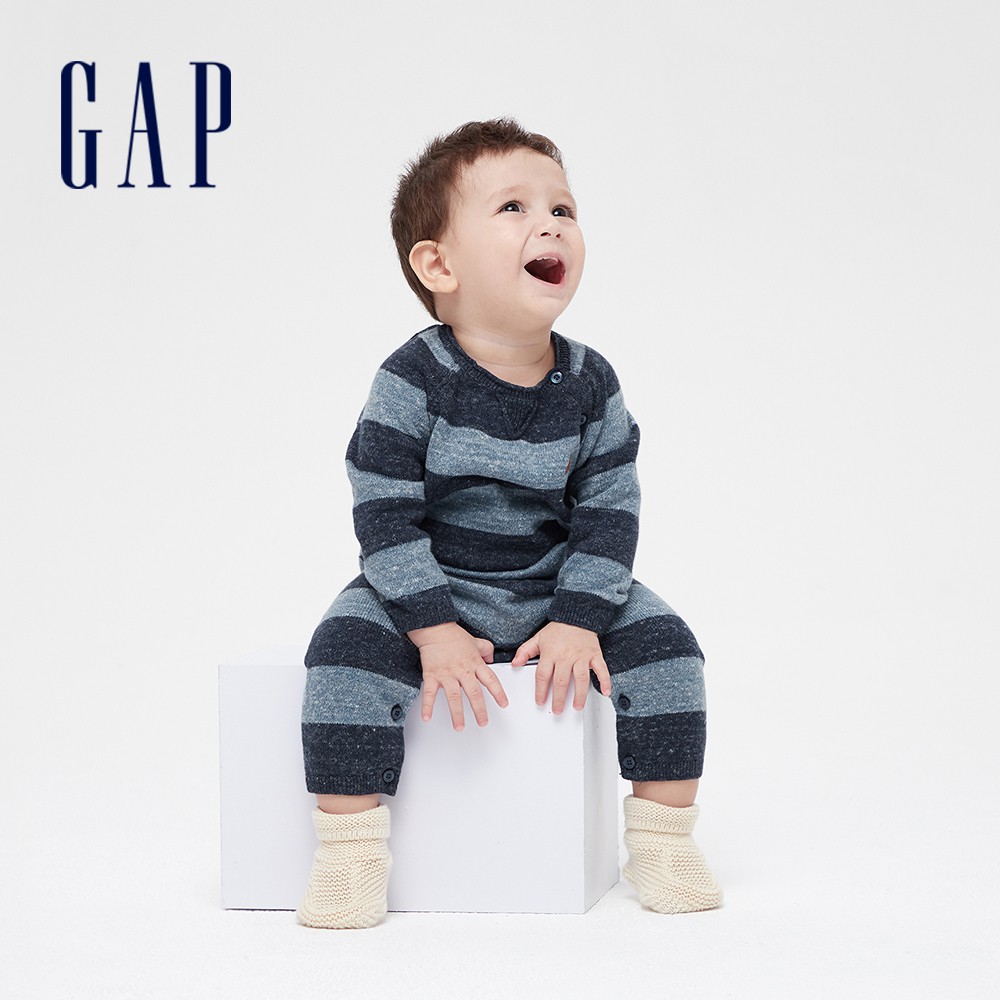 Gap 嬰兒裝 時尚撞色條紋圓領針織包屁衣-藍色條紋(592867)