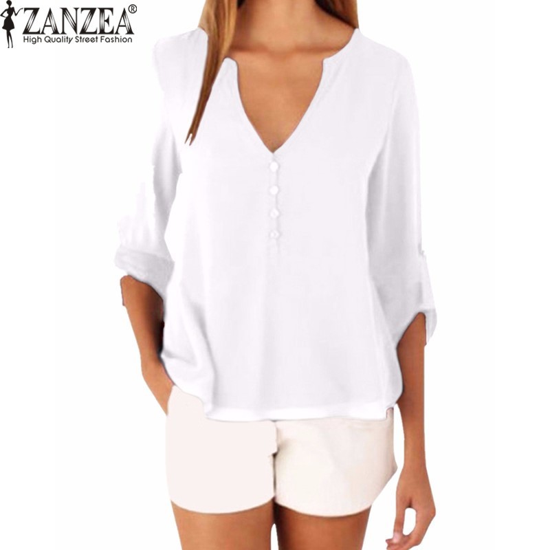 ZANZEA休閒長袖雪紡襯衫V領寬鬆不規則上衣襯衫加上尺寸