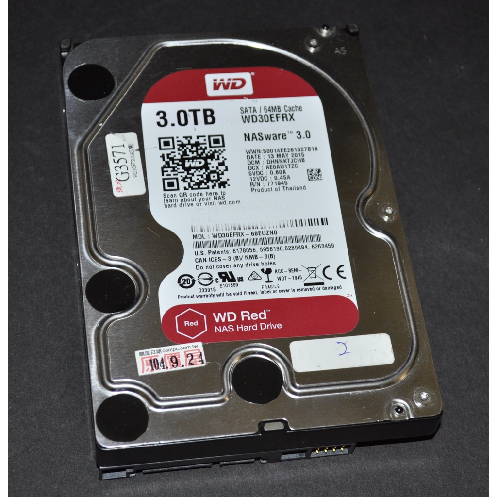 WD 3T紅標3.5吋NAS硬碟 可進入系統 使用時數15445小時 平均讀速126M/s 無異音 無壞軌 有黃色警告