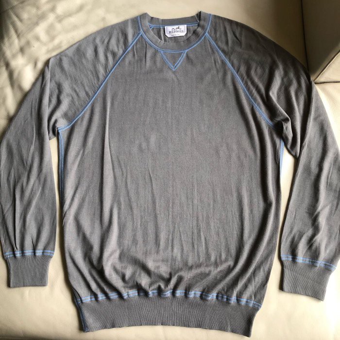 保證正品 HERMES 灰色藍線條 100% Cashmere 毛衣 SIZE XXL 適合 XL