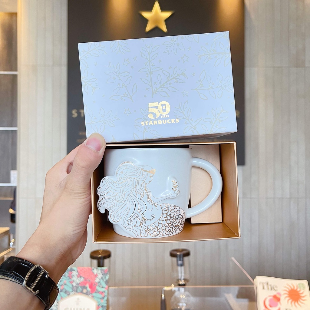 星巴克新款50週年杯子復古女神人魚立體浮雕陶瓷桌面馬克水杯禮盒