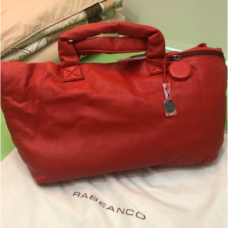 ❤️RABEANCO全新❤️🎉🎉橘紅色大容量真品正品真皮羊皮軟皮🌈空氣包空氣感折疊🌈手提包肩背包購物袋包側背包