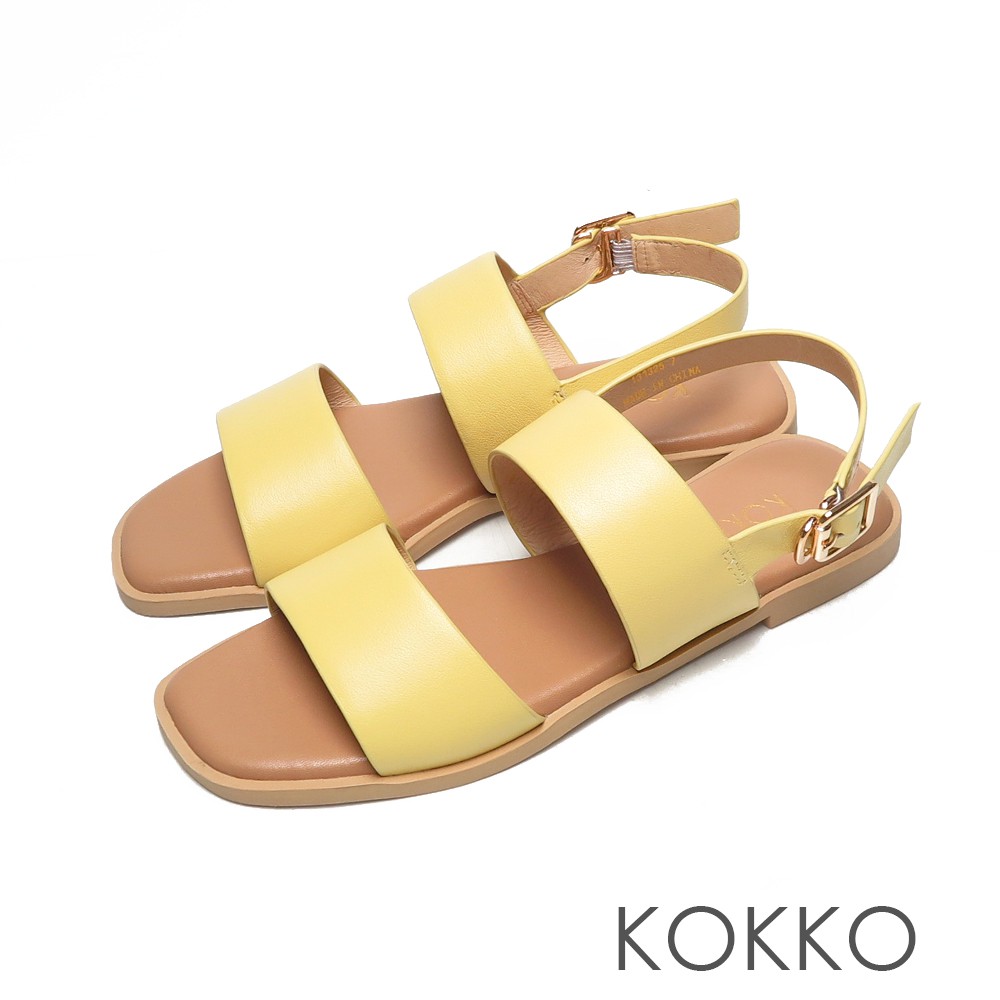KOKKO時髦方頭一字帶柔軟羊皮平底後帶涼鞋黃色