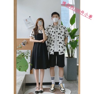 【COUPLE】情侶裝🔥🔥夏季新款假兩件背帶連衣裙男寬鬆氣質襯衫一衣一裙學生班服