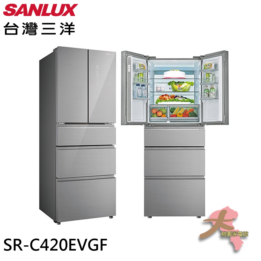 《大桃園家電館》SANLUX 台灣三洋節能一級台灣製 420L 五門下冷凍雙抽屜變頻電冰箱SR-C420EVGF