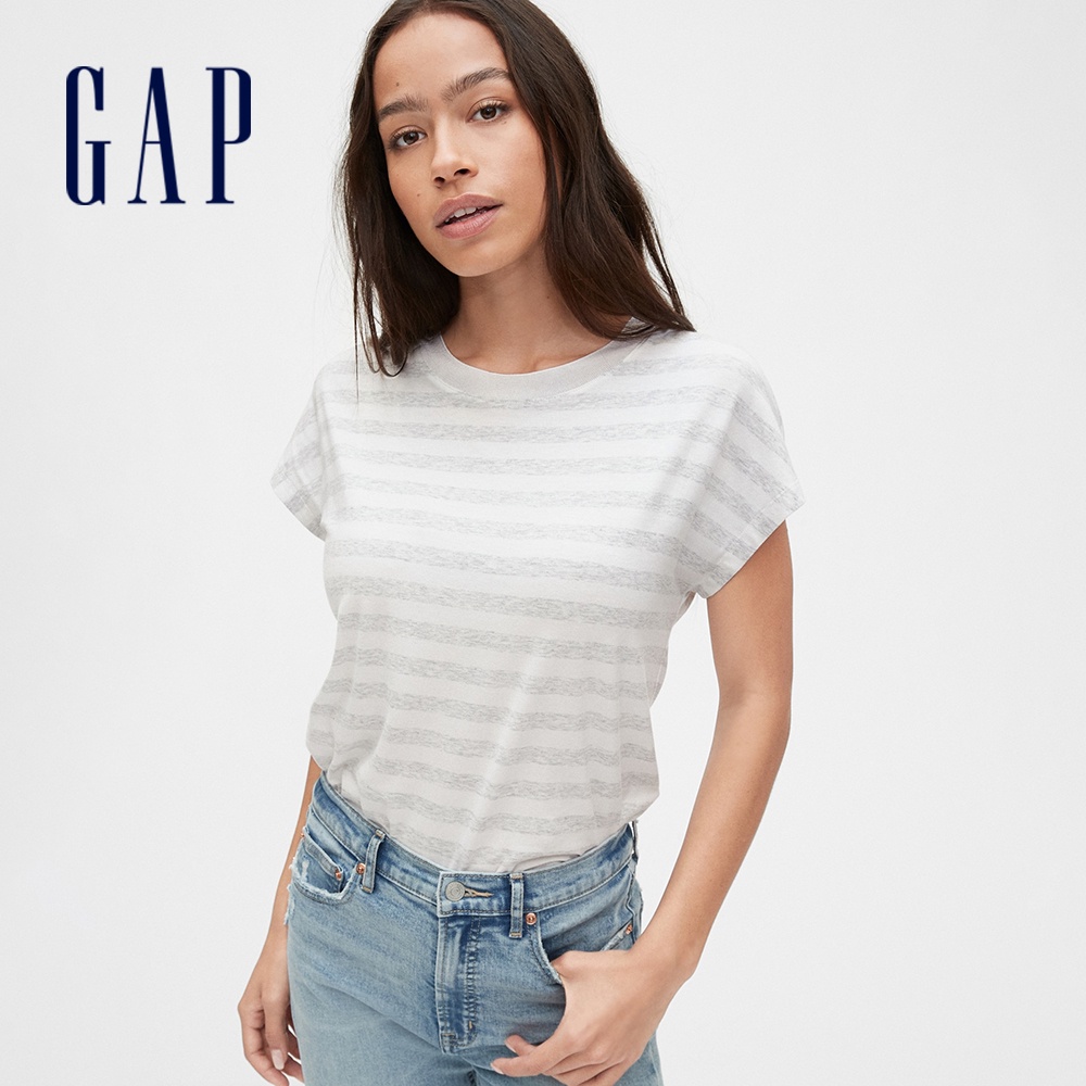 Gap 女裝 清爽條紋圓領短袖T恤-灰色條紋(574139)