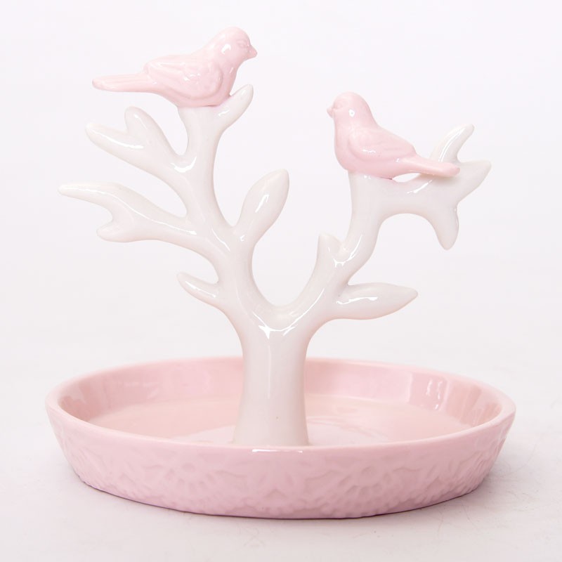 台灣現貨 飾品擺飾道具 可愛粉色小鳥造型 圓盤陶瓷擺盤架 北歐風格 手鍊 項鍊架 愛睏包裝